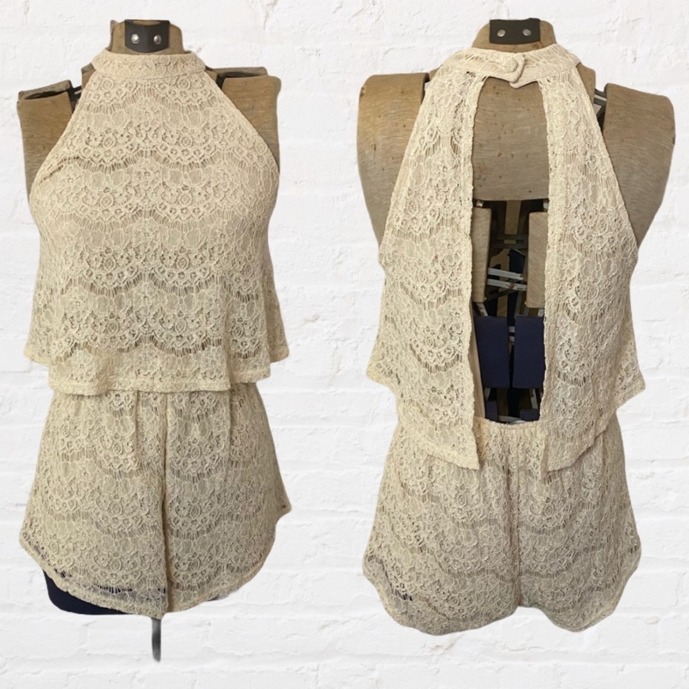 Beau Tissu Cream Crochet Lace Open Back Sleeveless Halter Romper